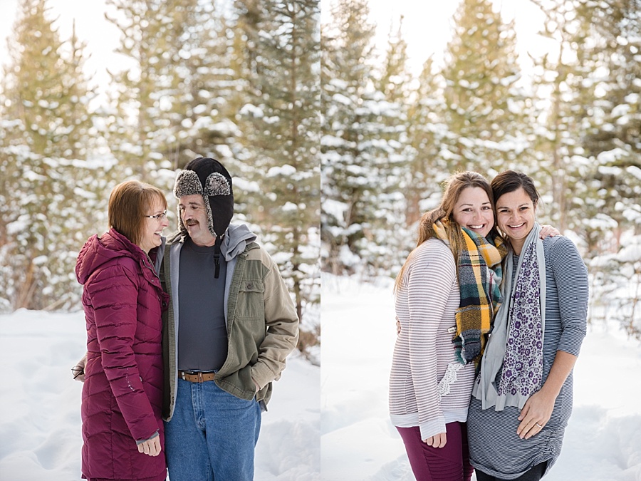 husband and wife and two sisters pose in the snowy Colorado mountains in Breckenridge