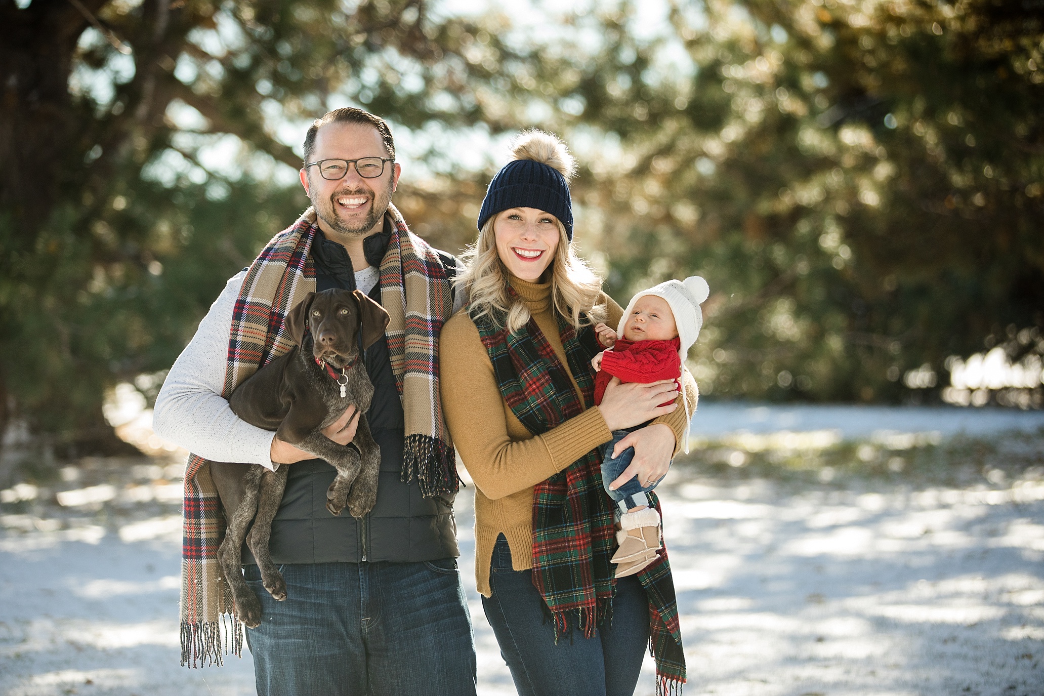 Winter Family Photo session with dog Christmas card photos what to wear