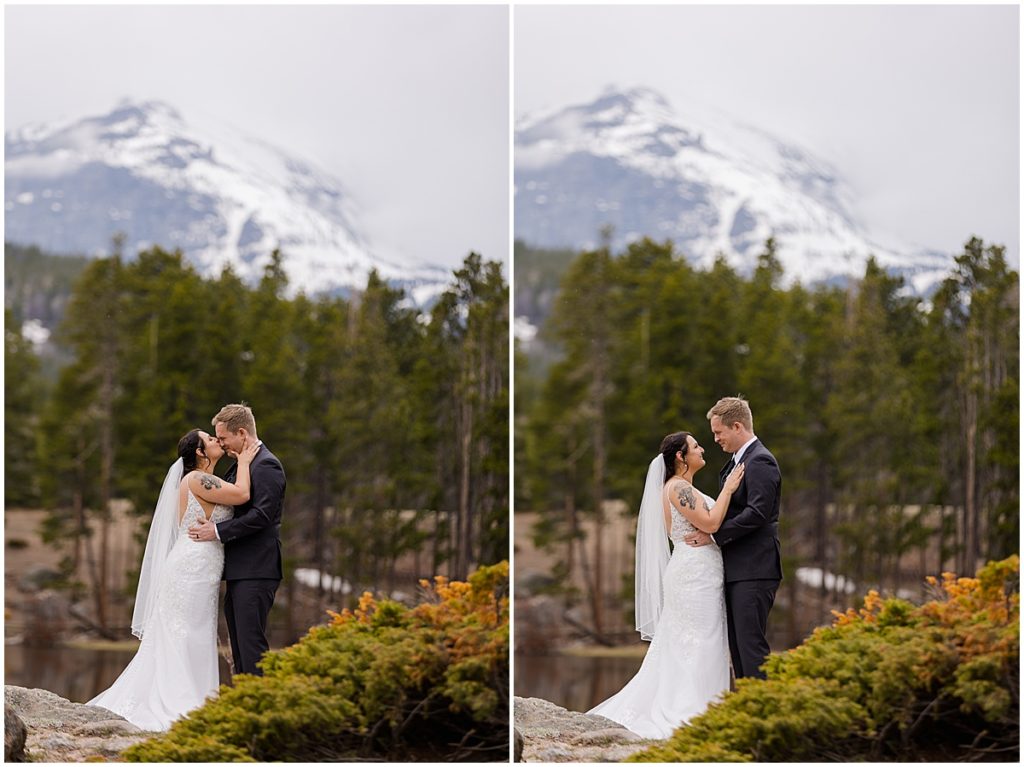 Bride and groom together at lake Sprague during elopement at Rocky Mountain National Park