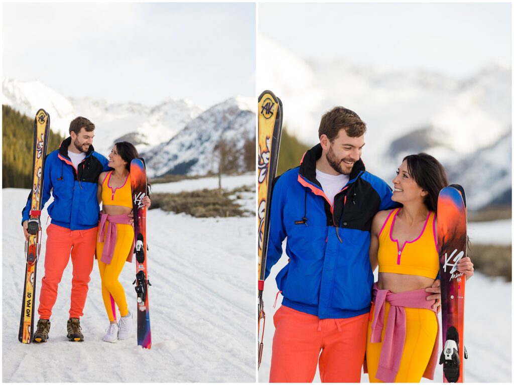 Retro ski engagement season in Aspen
