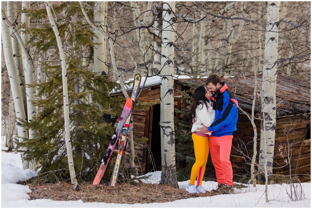 Retro ski engagement season in Aspen