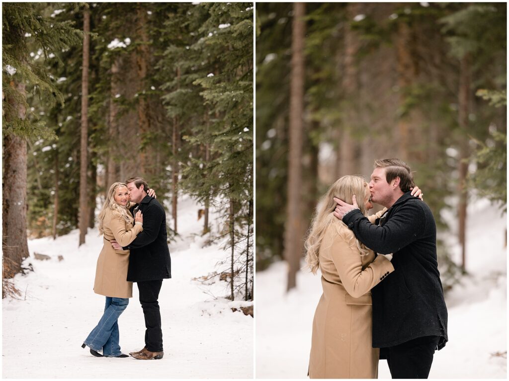 Couple embrace after proposal at Trollstigen Trail in Breckenridge