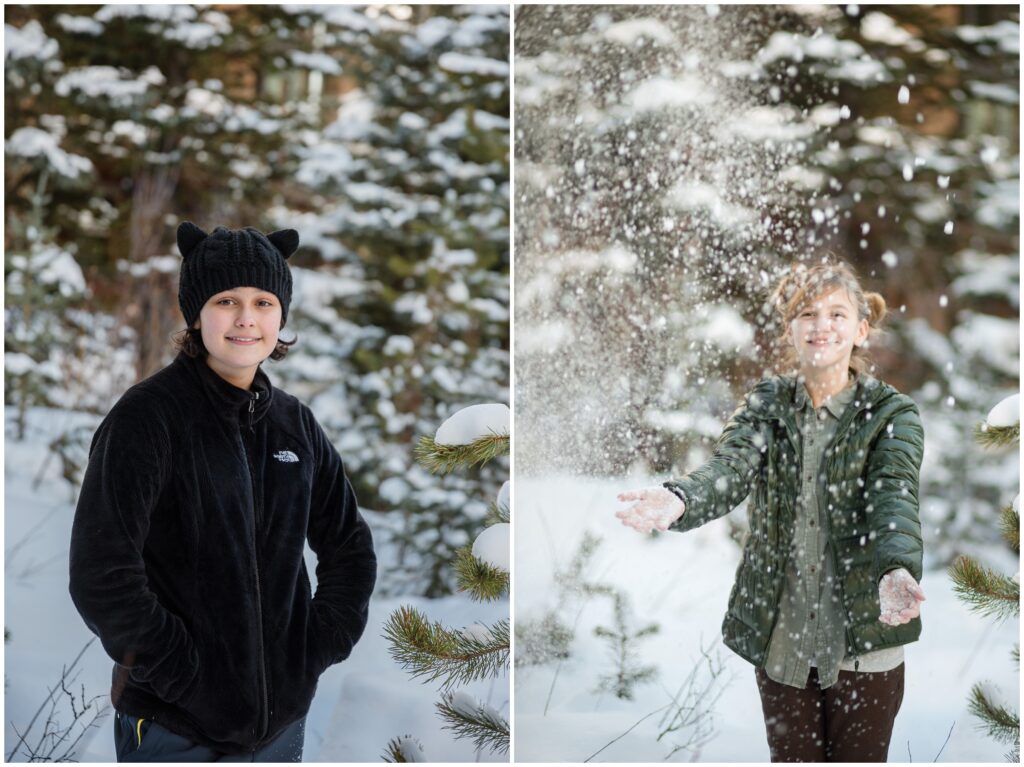 two siblings throwing snow in Breckenridge Colorado