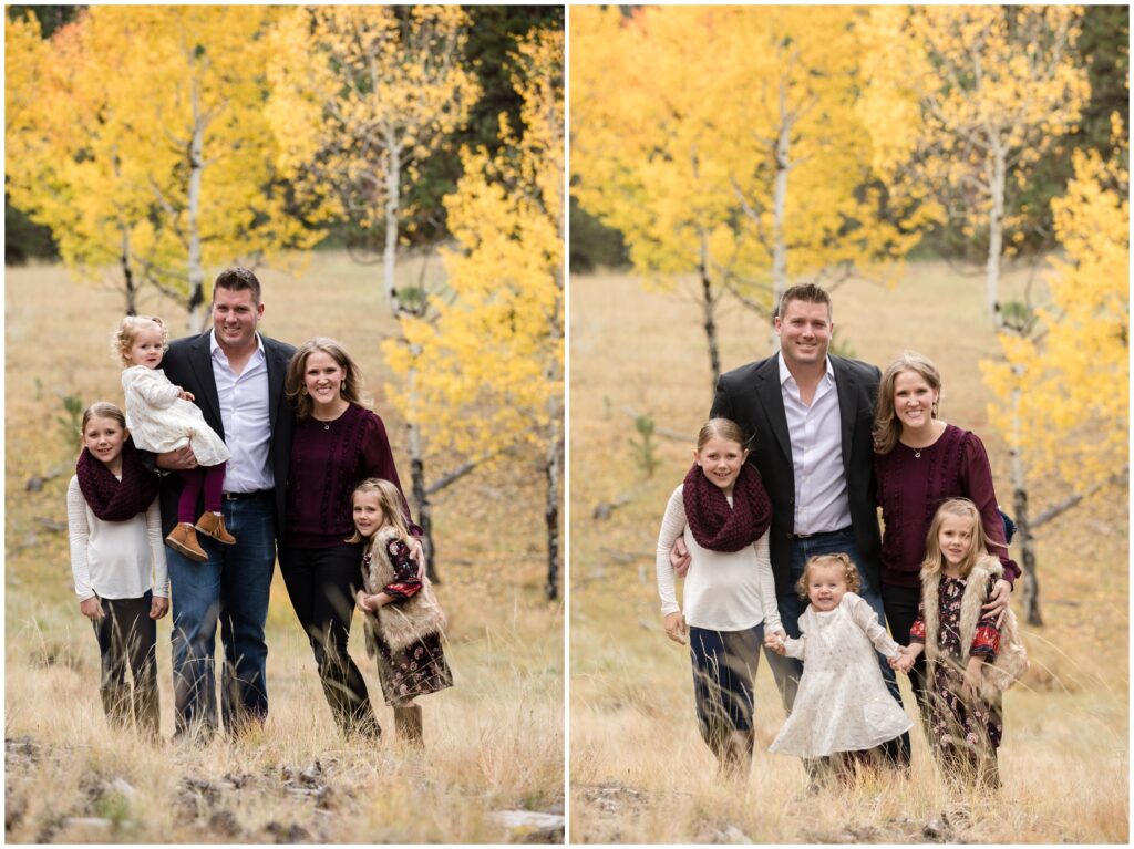 family of five pose in the fall Colorado mountains